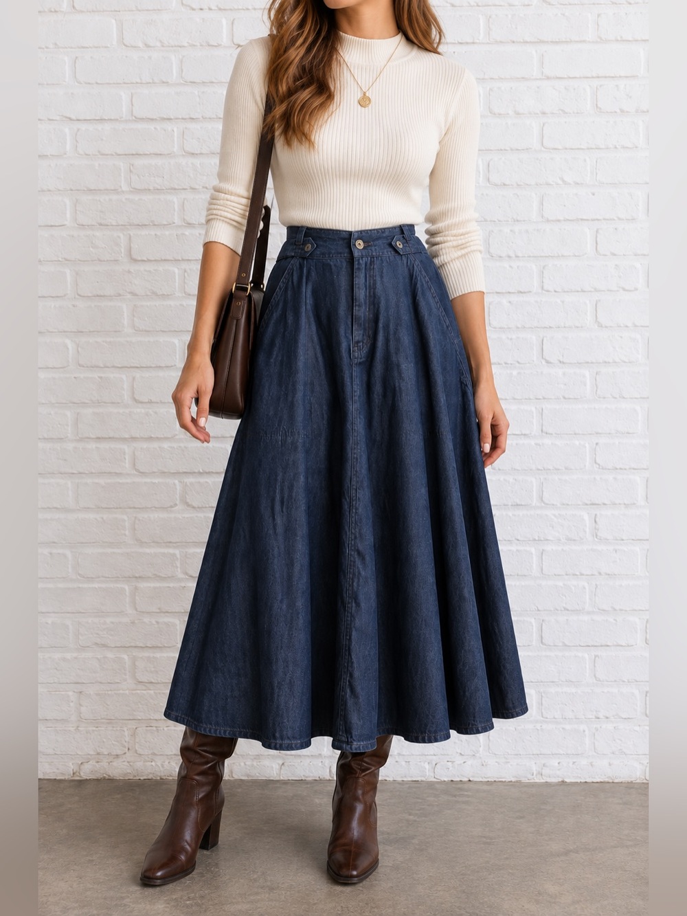 Vintage 90s Liz Sport Denim Midi Skirt 10P Cotton Full A Line Pockets
